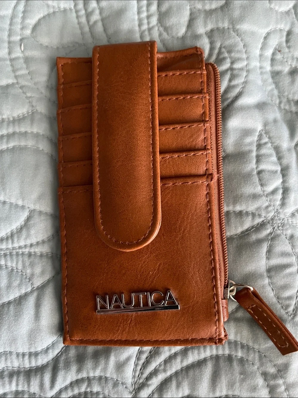 Nautica Brown/Tan Leather Card Wallet with Zipper Coin Pocket